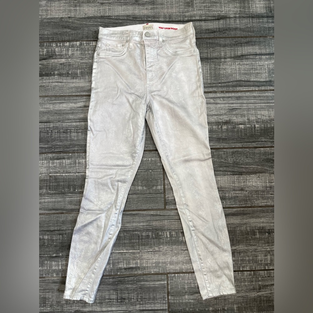 ALICE + OLIVIA Silver Foil Coated - High Rise Ankle Stretch Skinny Jeans Size 28